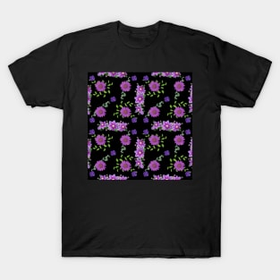 Purple Flowers Pattern on Black Background T-Shirt